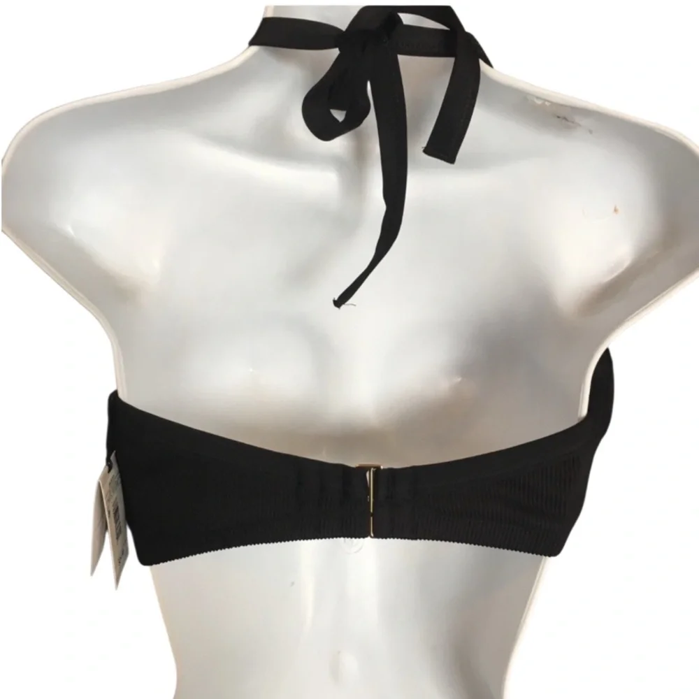 Shade & Shore Black Push Up Halter Bikini Top Chevron Trim NWT